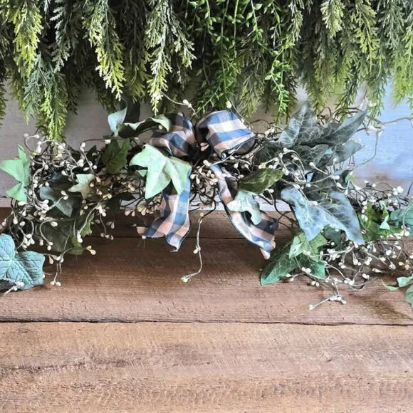 Primitive White Pip Berry Leaf Swag with Green Plaid Bow Farmhouse Decor - Picture 1 of 8
